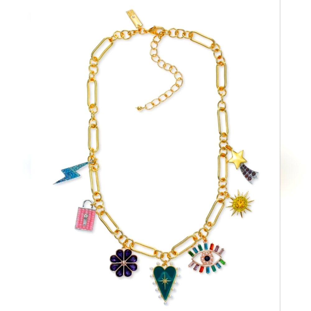 Tri-Tone Mixed Stone Charm Statement Necklace, 17" + 3" extender.